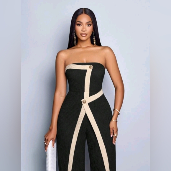 Women Modern Party Two Color Contrast Office Black Asymmetrical Spliced - Picture 6 of 6